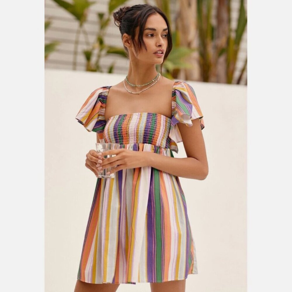 By Anthropologie Ruffle-Sleeve Open Back Striped Mini Dress - Picture 2 of 8